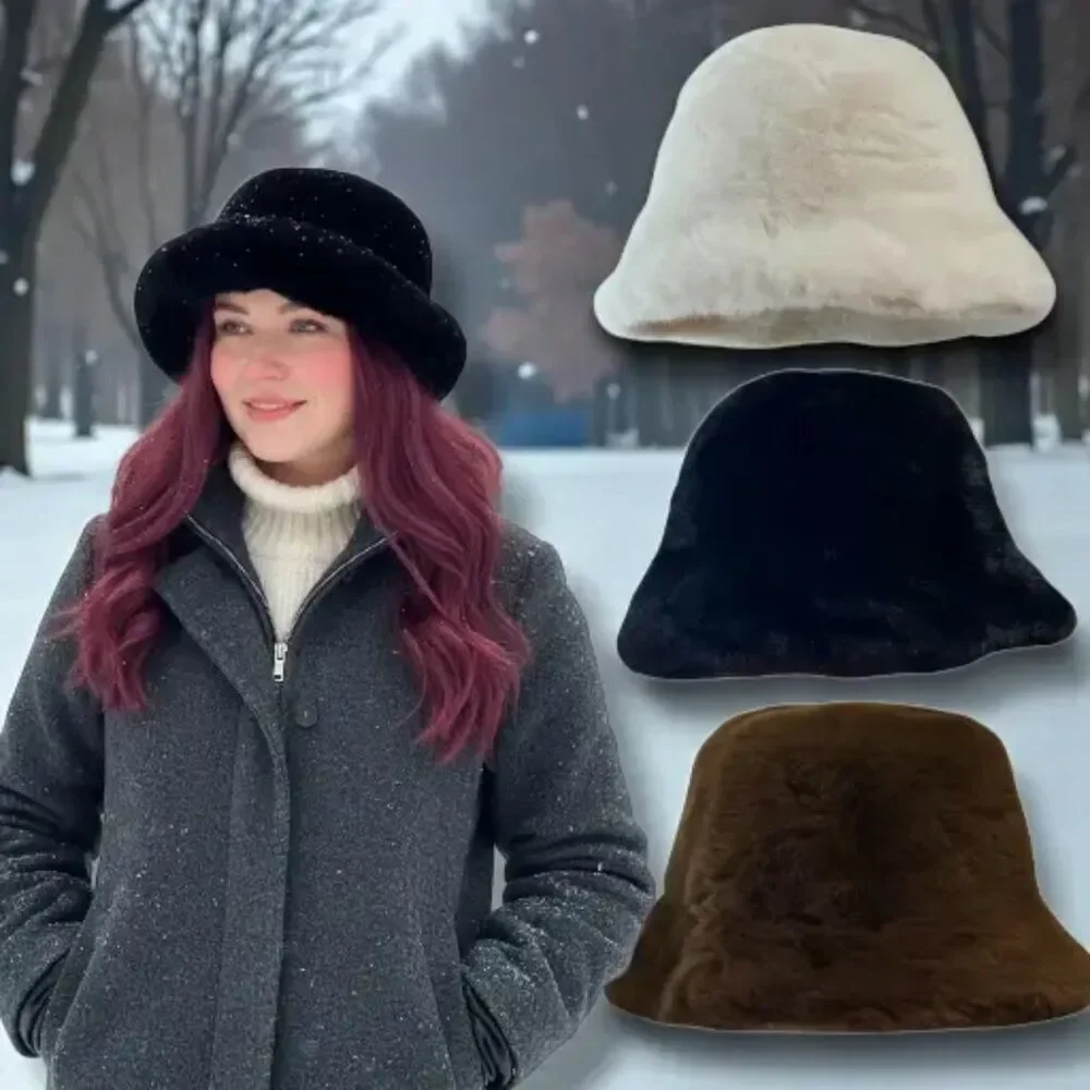 Women's Soft Faux Fur Winter Bucket Hat | Reversible 2-Way Style (Black) NWT